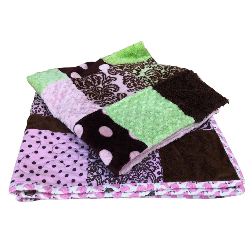 Lot Of 1 Baby Girl Pink Brown Green Cotton Quilt and 1 Soft Blanket Patchwork